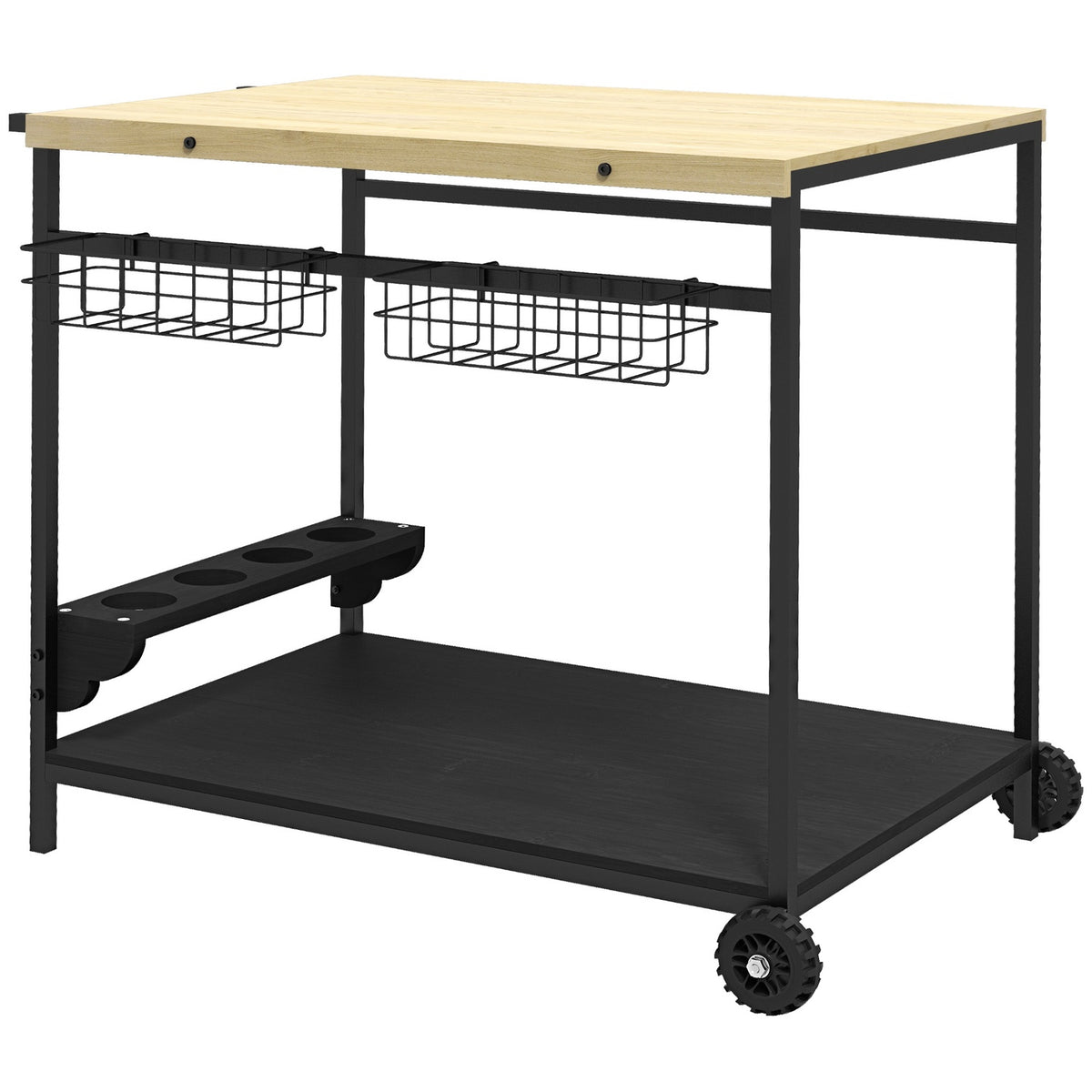 Serving Trolley, Garden Trolley With 2 Tiers, Barbecue Trolley With Storage Basket, Outdoor Kitchen Trolley With Handle, Cup Holder, Fir Tree