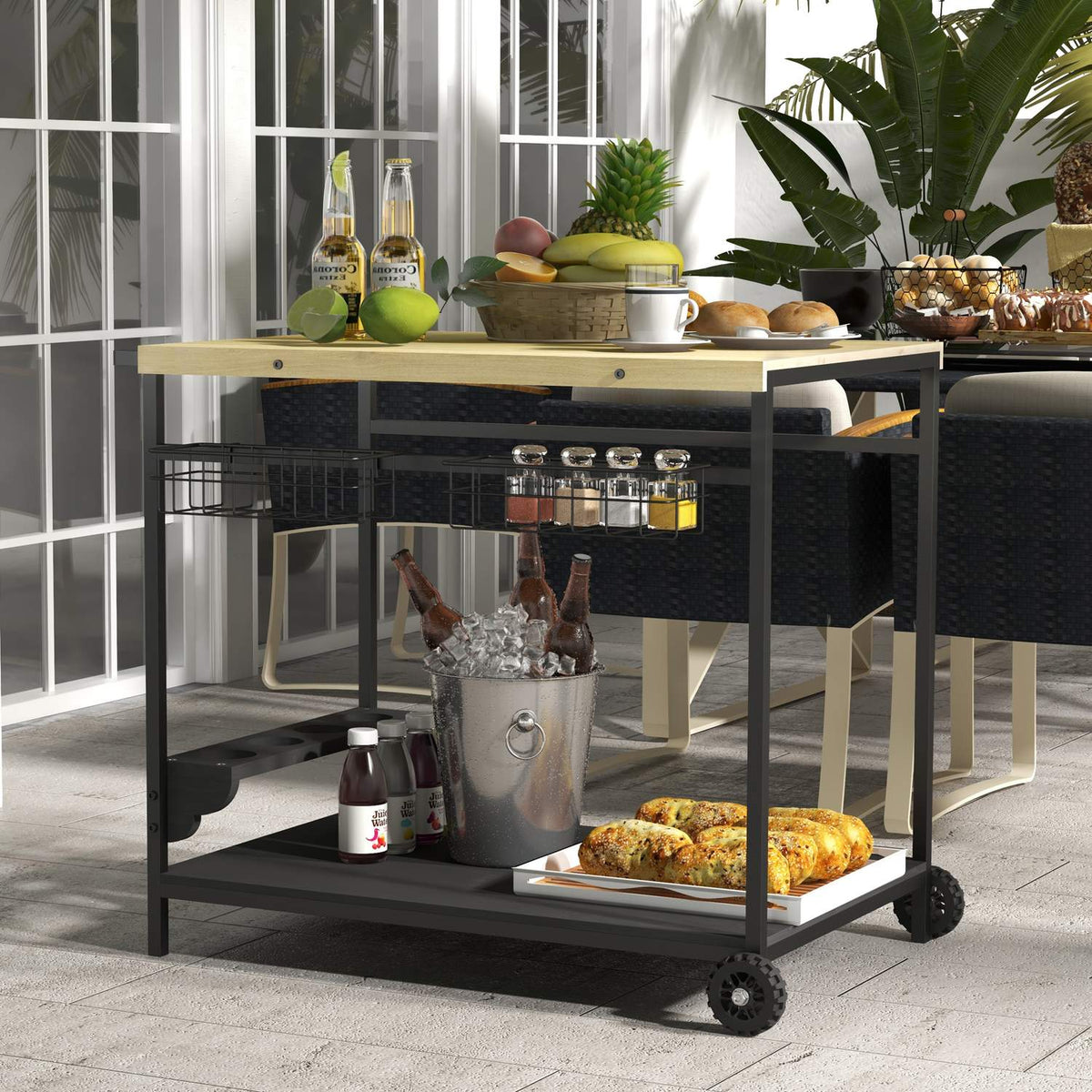 Serving Trolley, Garden Trolley With 2 Tiers, Barbecue Trolley With Storage Basket, Outdoor Kitchen Trolley With Handle, Cup Holder, Fir Tree