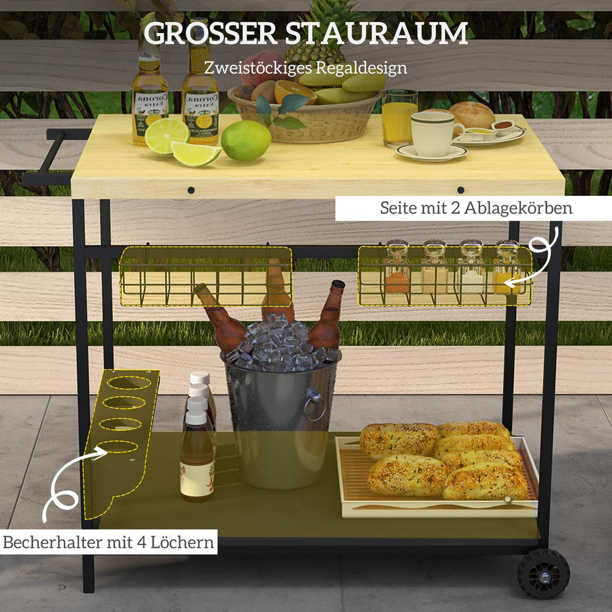 Serving Trolley, Garden Trolley With 2 Tiers, Barbecue Trolley With Storage Basket, Outdoor Kitchen Trolley With Handle, Cup Holder, Fir Tree