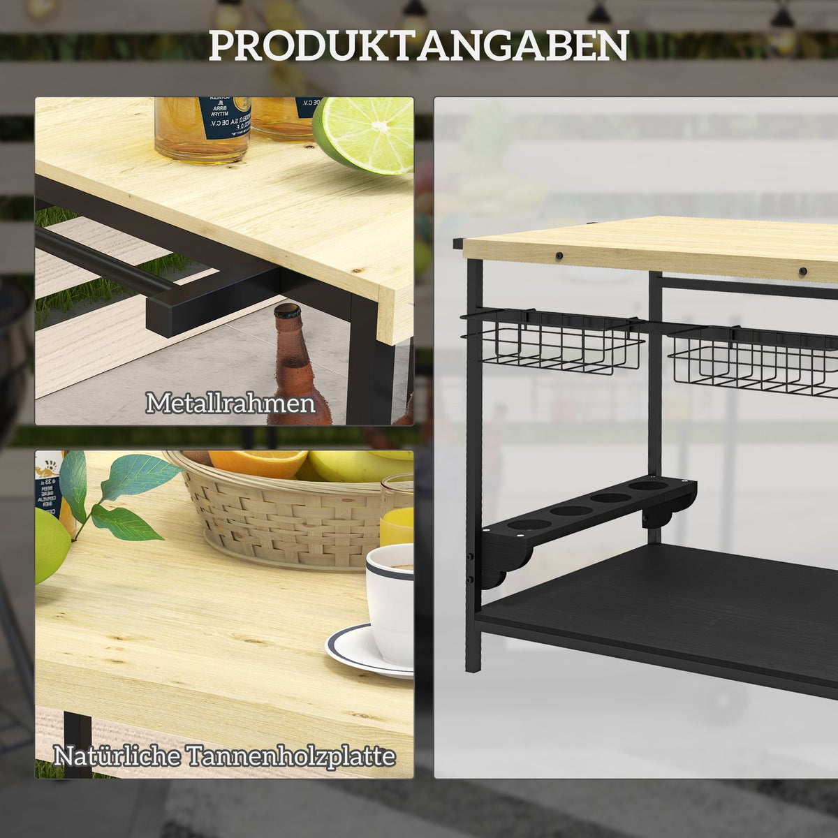 Serving Trolley, Garden Trolley With 2 Tiers, Barbecue Trolley With Storage Basket, Outdoor Kitchen Trolley With Handle, Cup Holder, Fir Tree