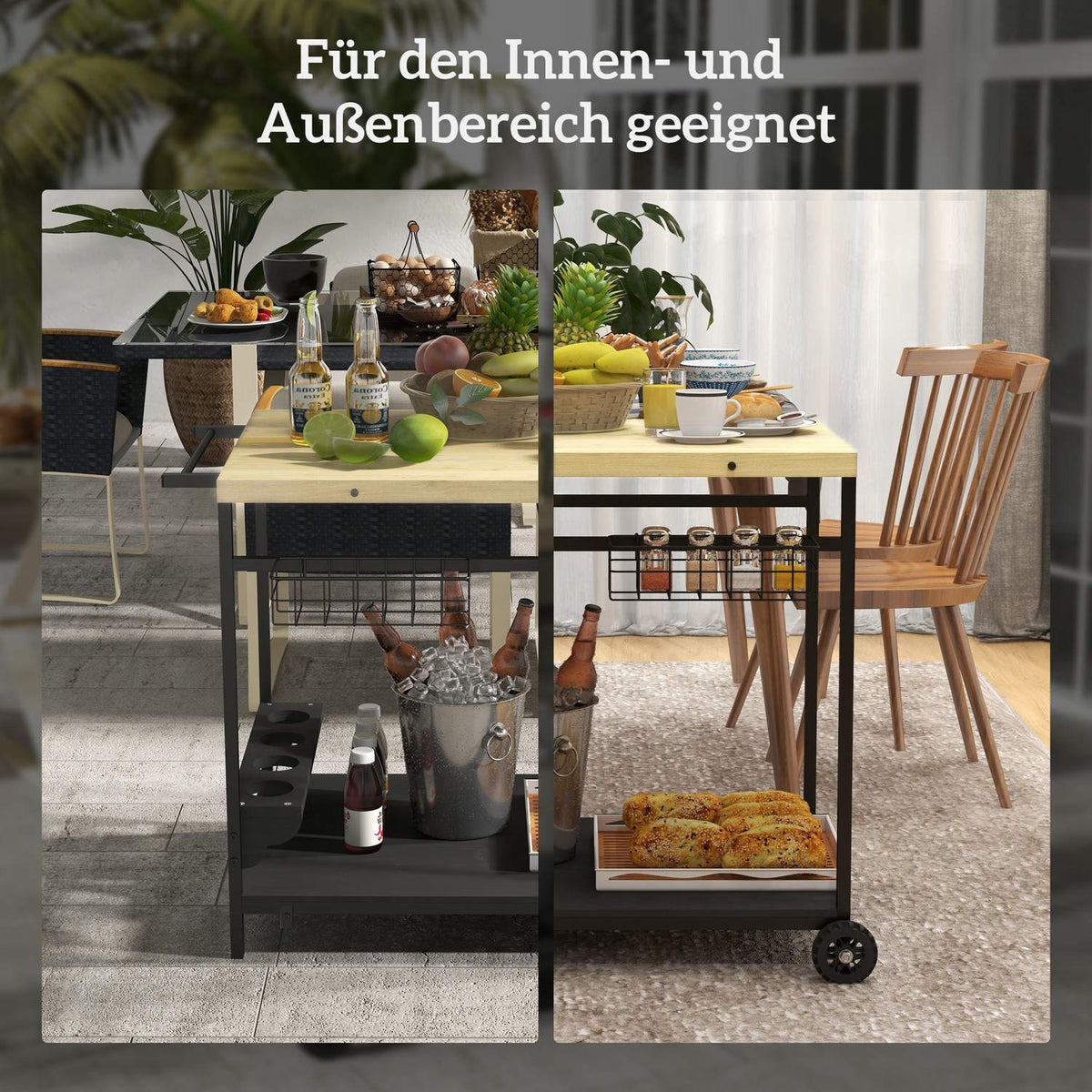 Serving Trolley, Garden Trolley With 2 Tiers, Barbecue Trolley With Storage Basket, Outdoor Kitchen Trolley With Handle, Cup Holder, Fir Tree