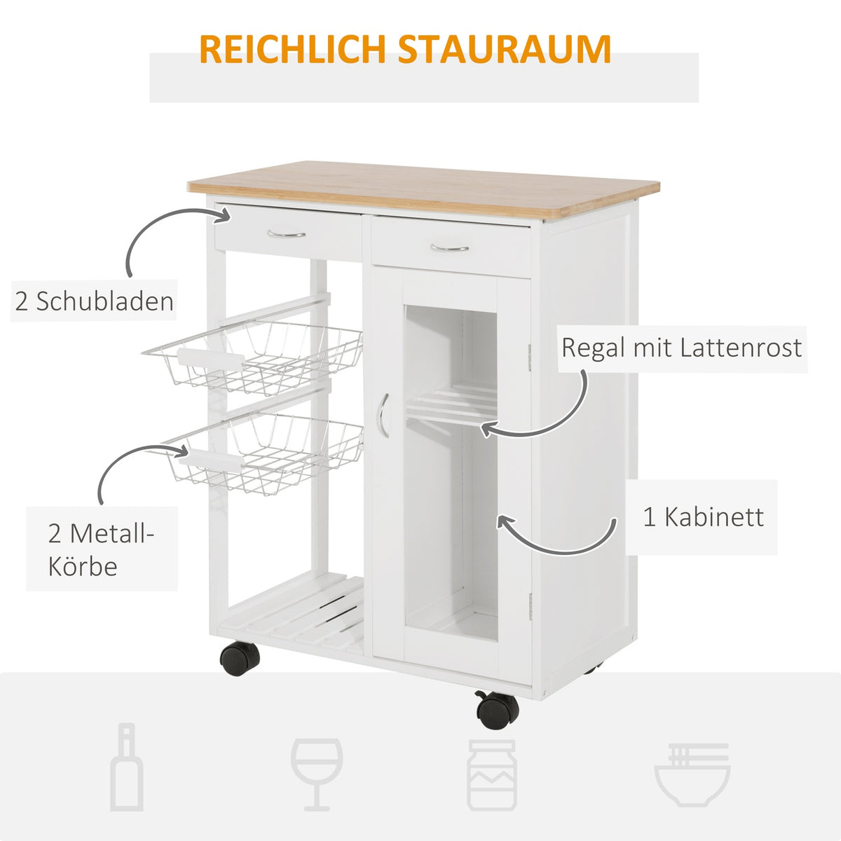 Serving Trolley, Kitchen Trolley, Trolley For The Kitchen, White, Wood, Practical And Stylish