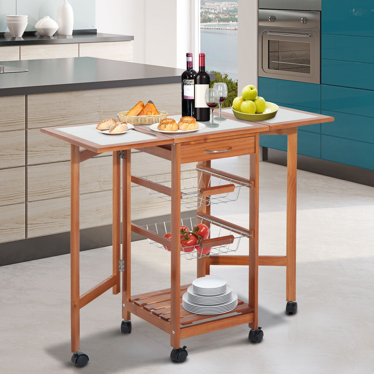 Serving Trolley, Kitchen Trolley With Drawers, Foldable, Versatile, Space-Saving, Practical