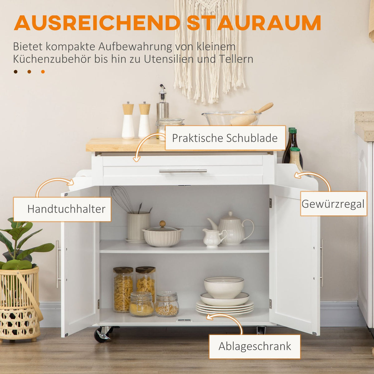 Serving Trolley Kitchen Trolley With Worktop, Spice Rack, Towel Holder, White, 109X40X89Cm For Living Room & Dining Room