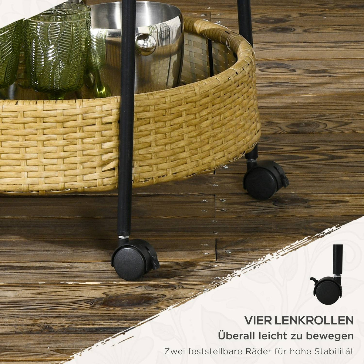 Serving Trolley Rattan Trolley With 2 Shelves Garden Trolley Round Kitchen Trolley With Handles Outdoor Bar Trolley Steel Frame Natural Φ50 X 66 Cm