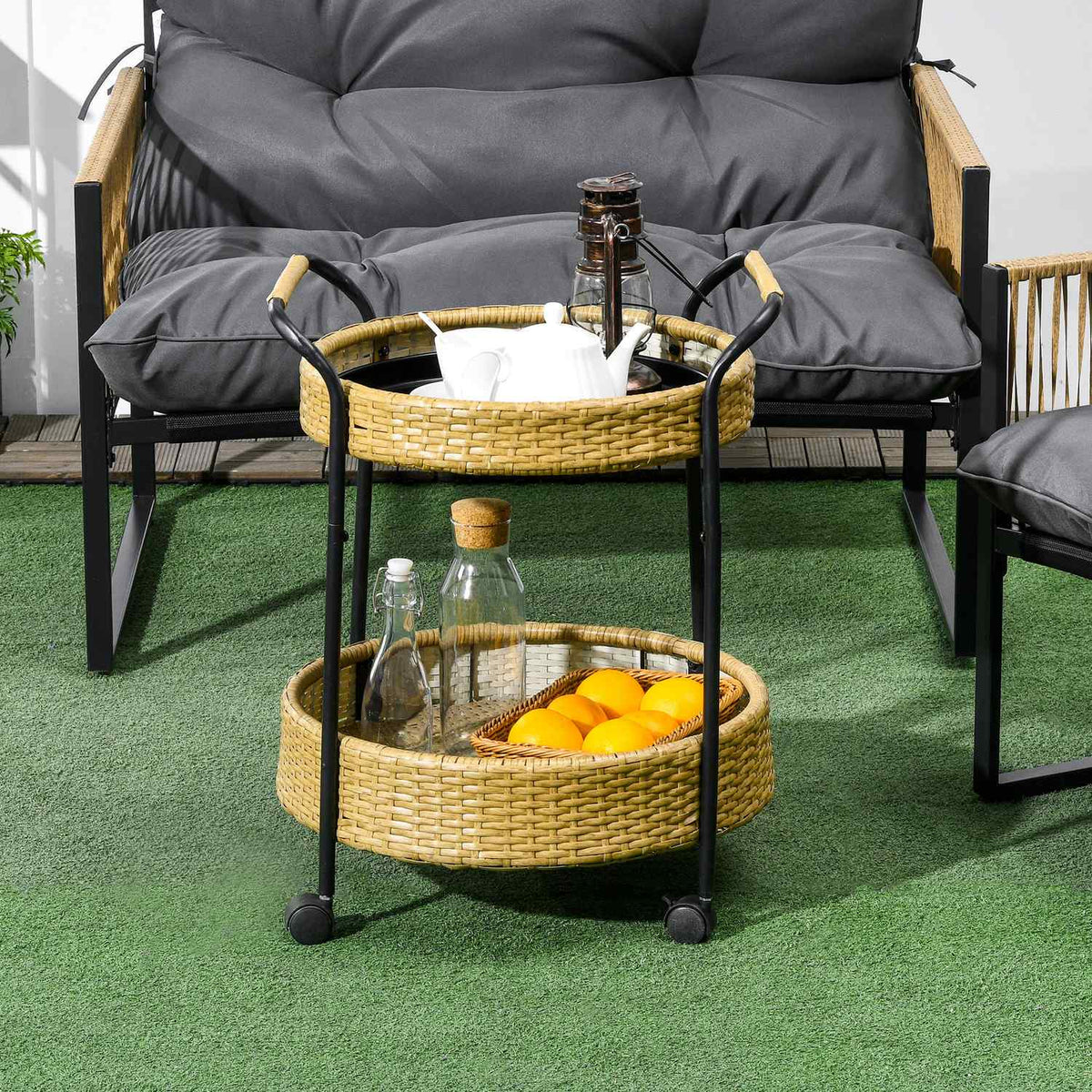 Serving Trolley Rattan Trolley With 2 Shelves Garden Trolley Round Kitchen Trolley With Handles Outdoor Bar Trolley Steel Frame Natural Φ50 X 66 Cm