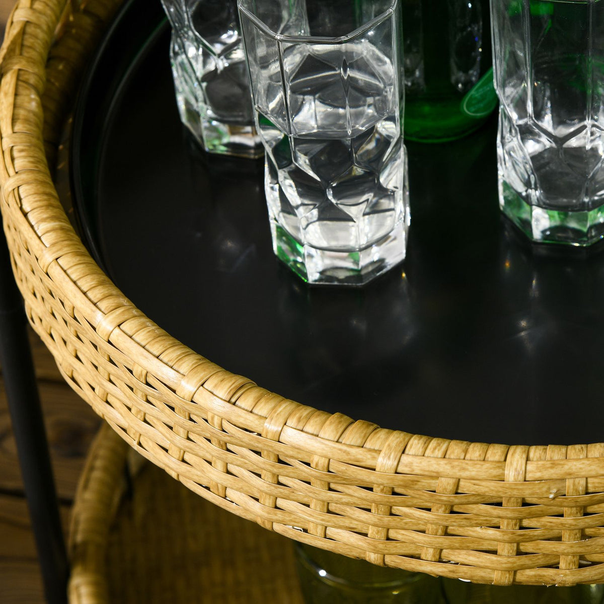 Serving Trolley Rattan Trolley With 2 Shelves Garden Trolley Round Kitchen Trolley With Handles Outdoor Bar Trolley Steel Frame Natural Φ50 X 66 Cm