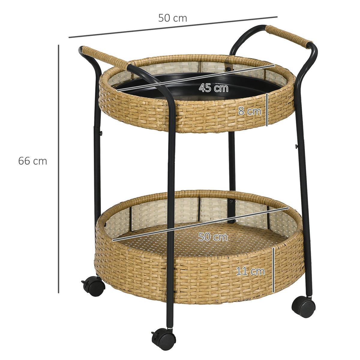 Serving Trolley Rattan Trolley With 2 Shelves Garden Trolley Round Kitchen Trolley With Handles Outdoor Bar Trolley Steel Frame Natural Φ50 X 66 Cm