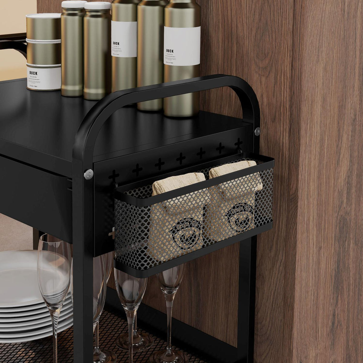 Serving Trolley With 1 Drawer And 1 Shelf, Kitchen Trolley, Storage Trolley With Hooks, Side Trolley