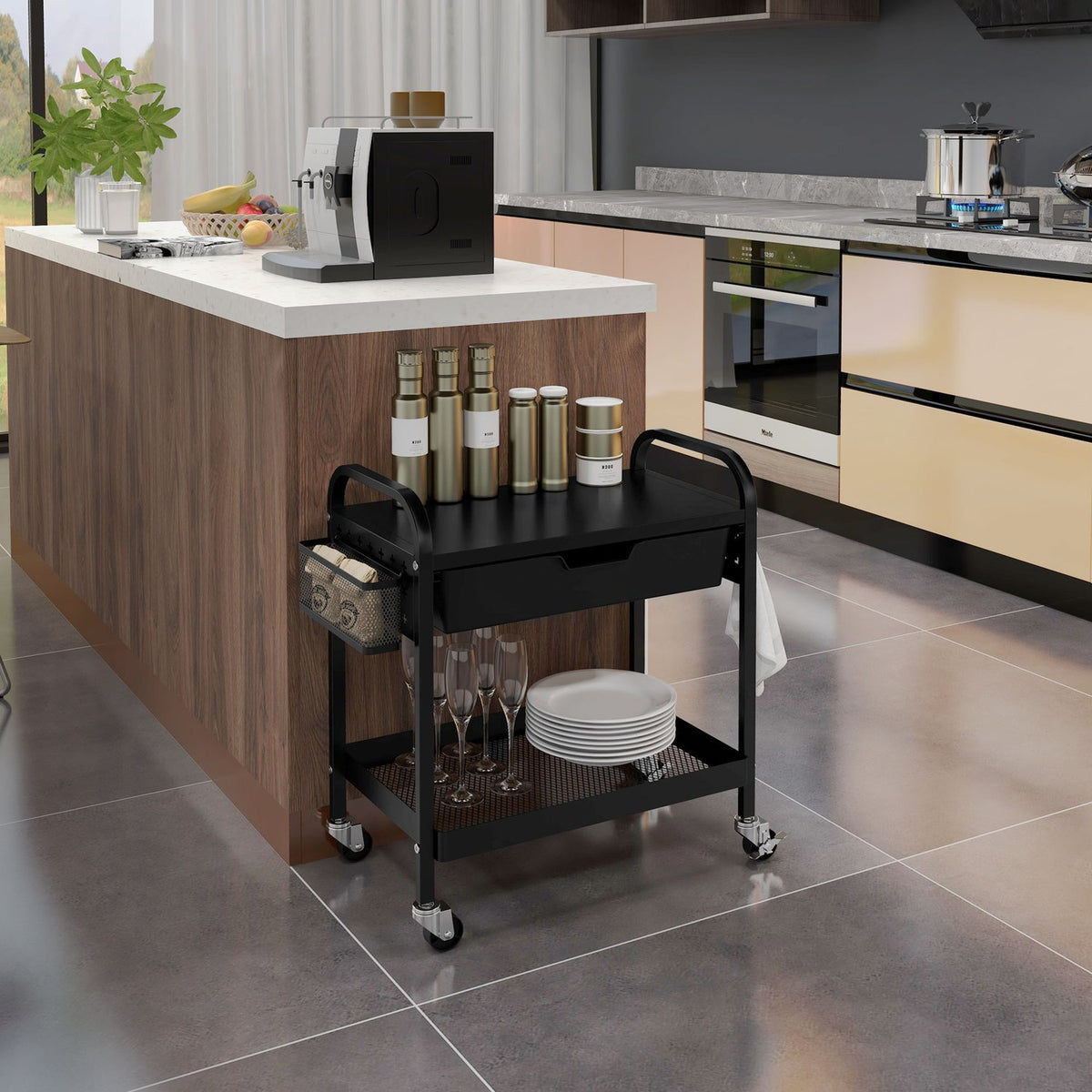 Serving Trolley With 1 Drawer And 1 Shelf, Kitchen Trolley, Storage Trolley With Hooks, Side Trolley