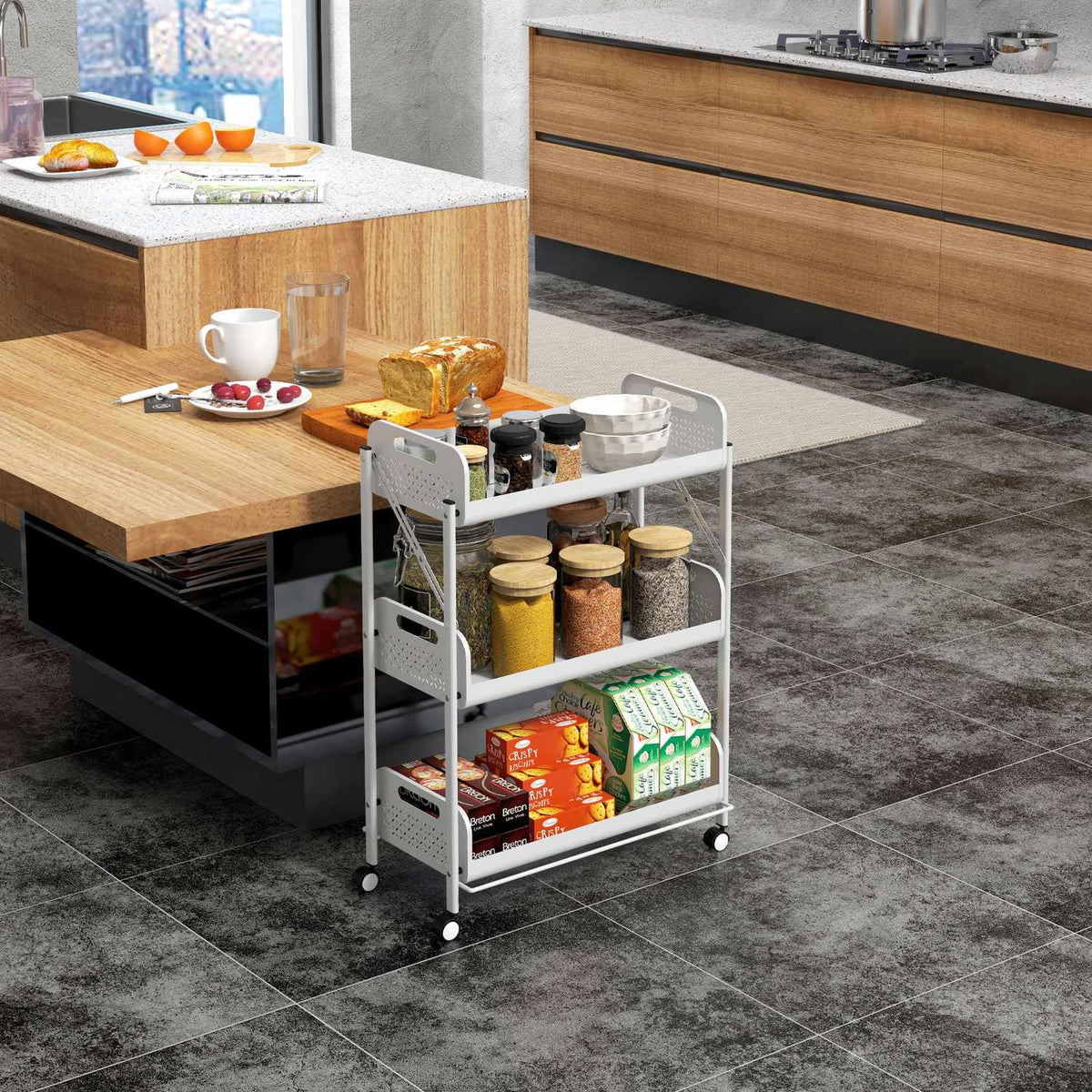 Serving Trolley With 3 Tiers, Foldable Storage Trolley, Kitchen Trolley With Mesh Baskets, Steel, White