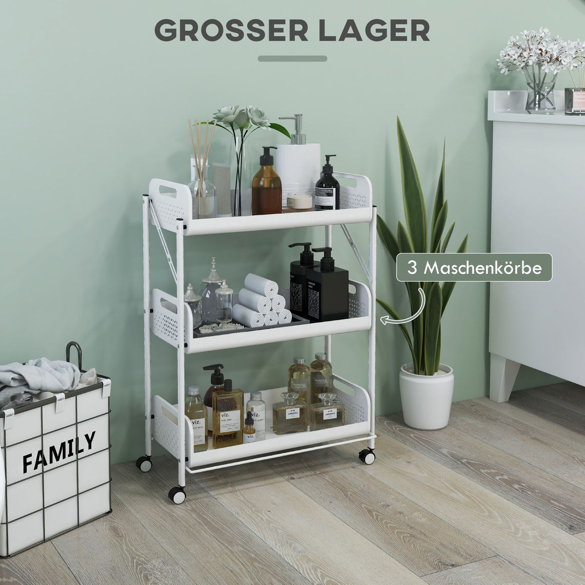 Serving Trolley With 3 Tiers, Foldable Storage Trolley, Kitchen Trolley With Mesh Baskets, Steel, White