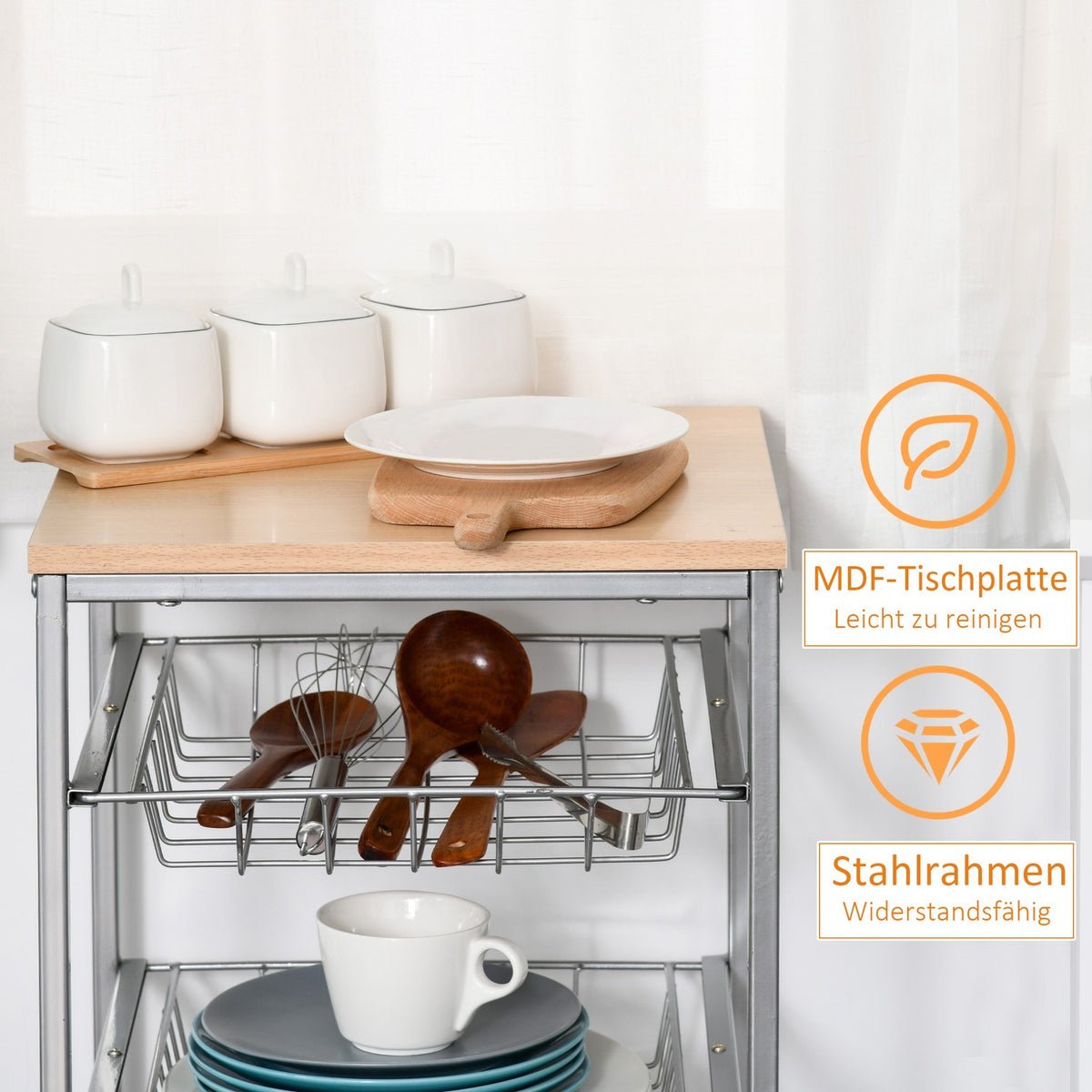 Serving trolley kitchen trolley with metal baskets 36.5 x 36.5 x 89 cm kitchen trolley side trolley silver for kitchen and dining room
