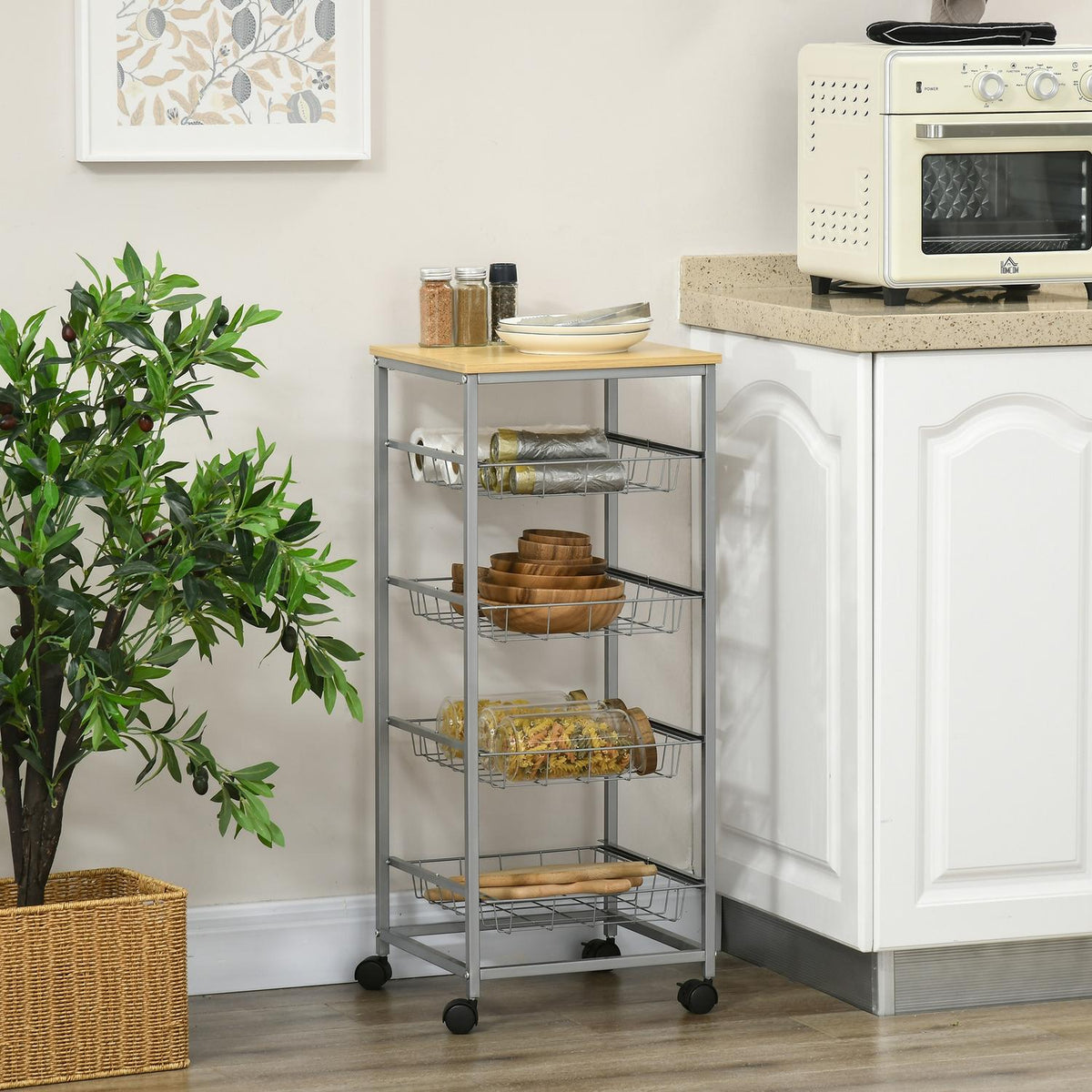 Serving trolley kitchen trolley with metal baskets 36.5 x 36.5 x 89 cm kitchen trolley side trolley silver for kitchen and dining room