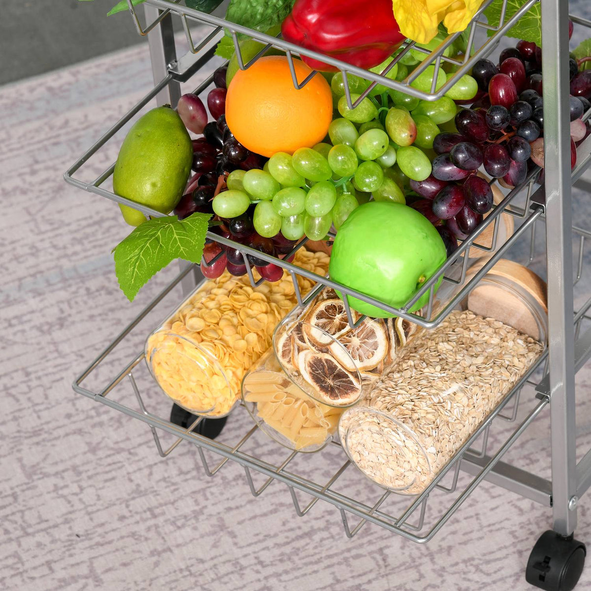 Serving trolley kitchen trolley with metal baskets 36.5 x 36.5 x 89 cm kitchen trolley side trolley silver for kitchen and dining room