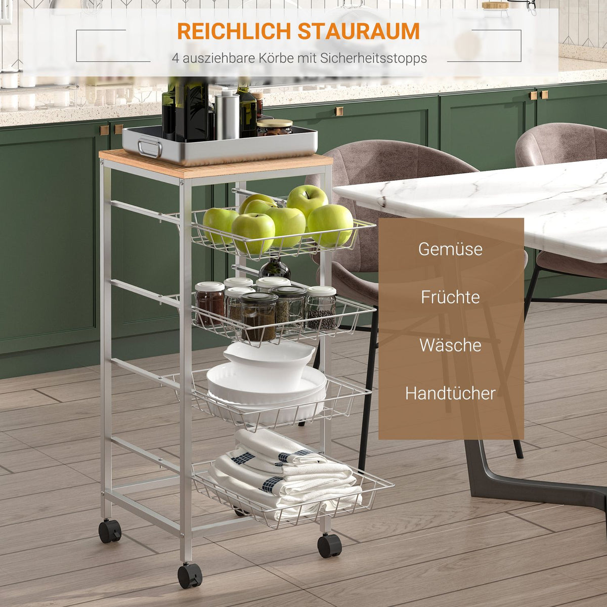 Serving trolley kitchen trolley with metal baskets 36.5 x 36.5 x 89 cm kitchen trolley side trolley silver for kitchen and dining room