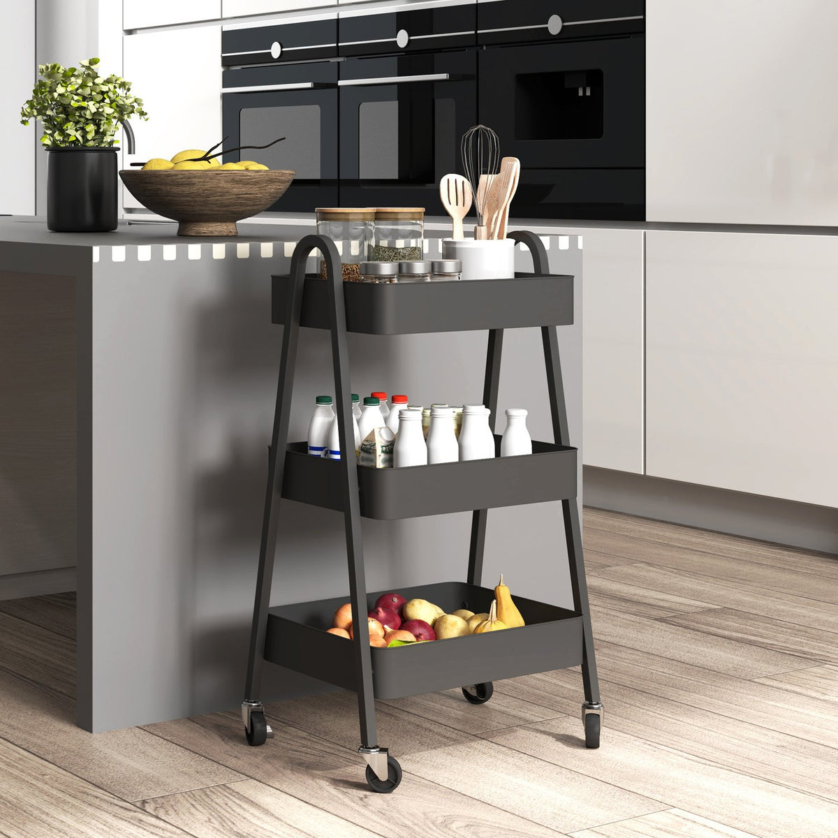 Serving trolley with 3 levels, kitchen trolley with wheels, handle, trolley with brake, kitchen shelf, kitchen trolley, all-purpose trolley for kitchen, office, bathroom, black