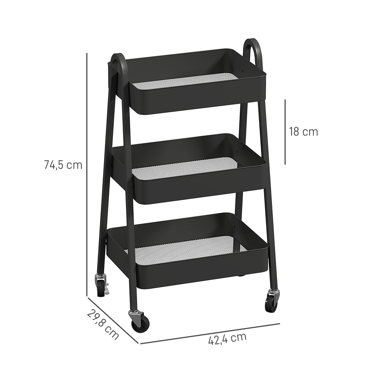 Serving trolley with 3 levels, kitchen trolley with wheels, handle, trolley with brake, kitchen shelf, kitchen trolley, all-purpose trolley for kitchen, office, bathroom, black
