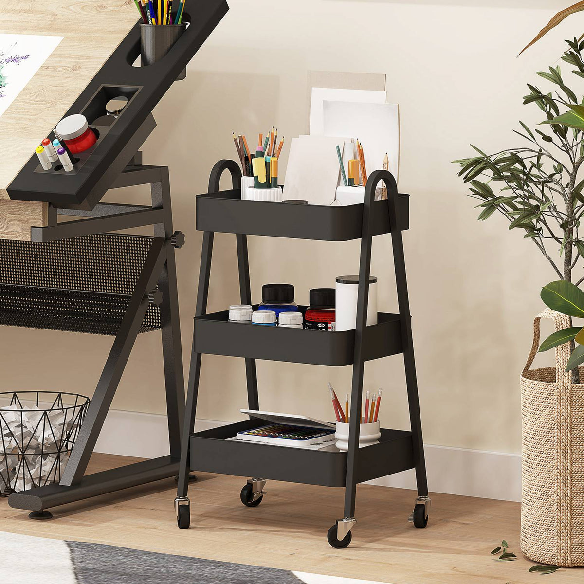 Serving trolley with 3 levels, kitchen trolley with wheels, handle, trolley with brake, kitchen shelf, kitchen trolley, all-purpose trolley for kitchen, office, bathroom, black