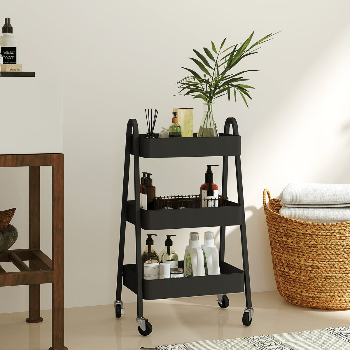 Serving trolley with 3 levels, kitchen trolley with wheels, handle, trolley with brake, kitchen shelf, kitchen trolley, all-purpose trolley for kitchen, office, bathroom, black
