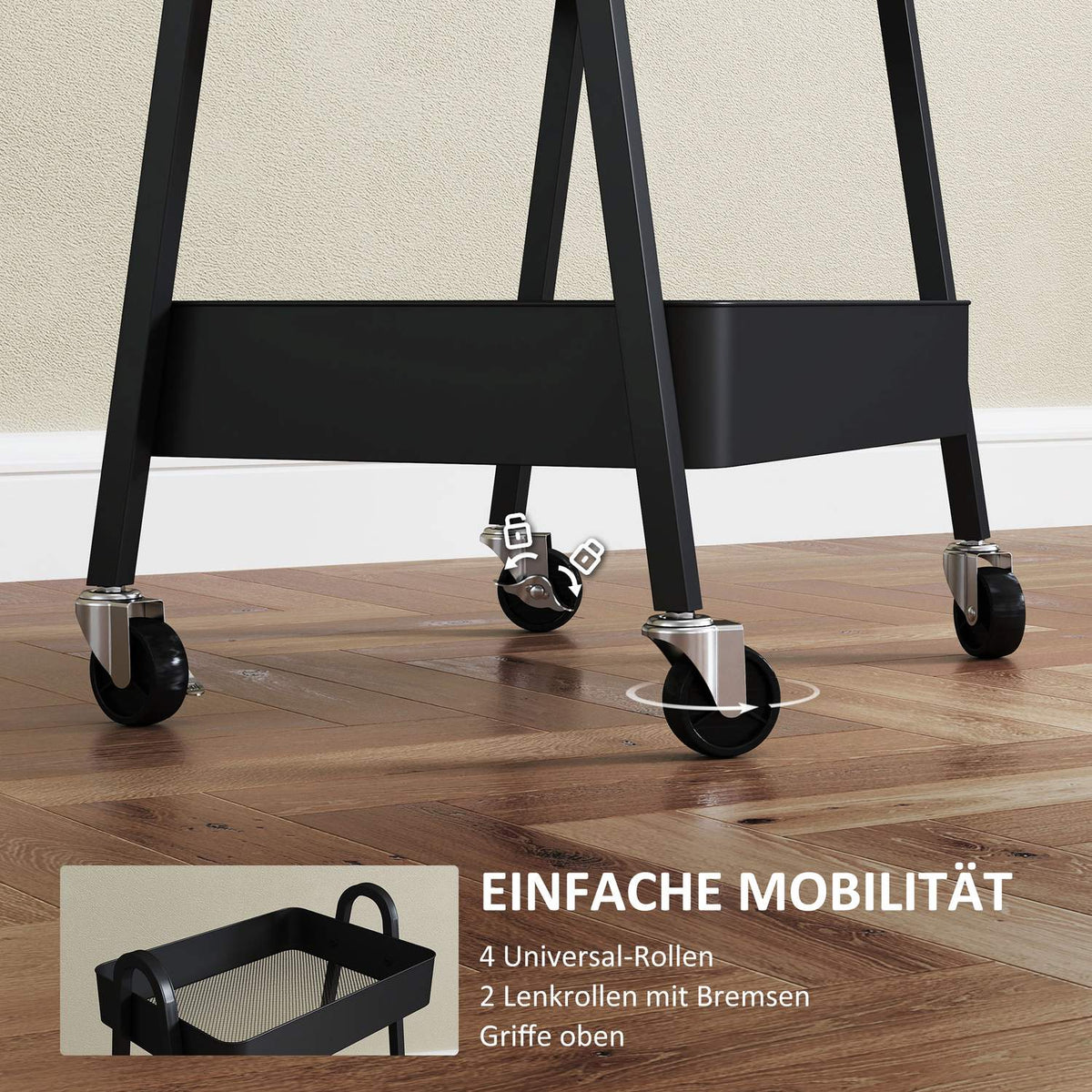 Serving trolley with 3 levels, kitchen trolley with wheels, handle, trolley with brake, kitchen shelf, kitchen trolley, all-purpose trolley for kitchen, office, bathroom, black