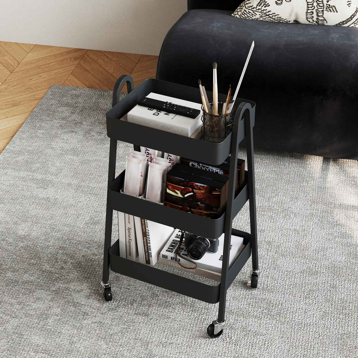 Serving trolley with 3 levels, kitchen trolley with wheels, handle, trolley with brake, kitchen shelf, kitchen trolley, all-purpose trolley for kitchen, office, bathroom, black