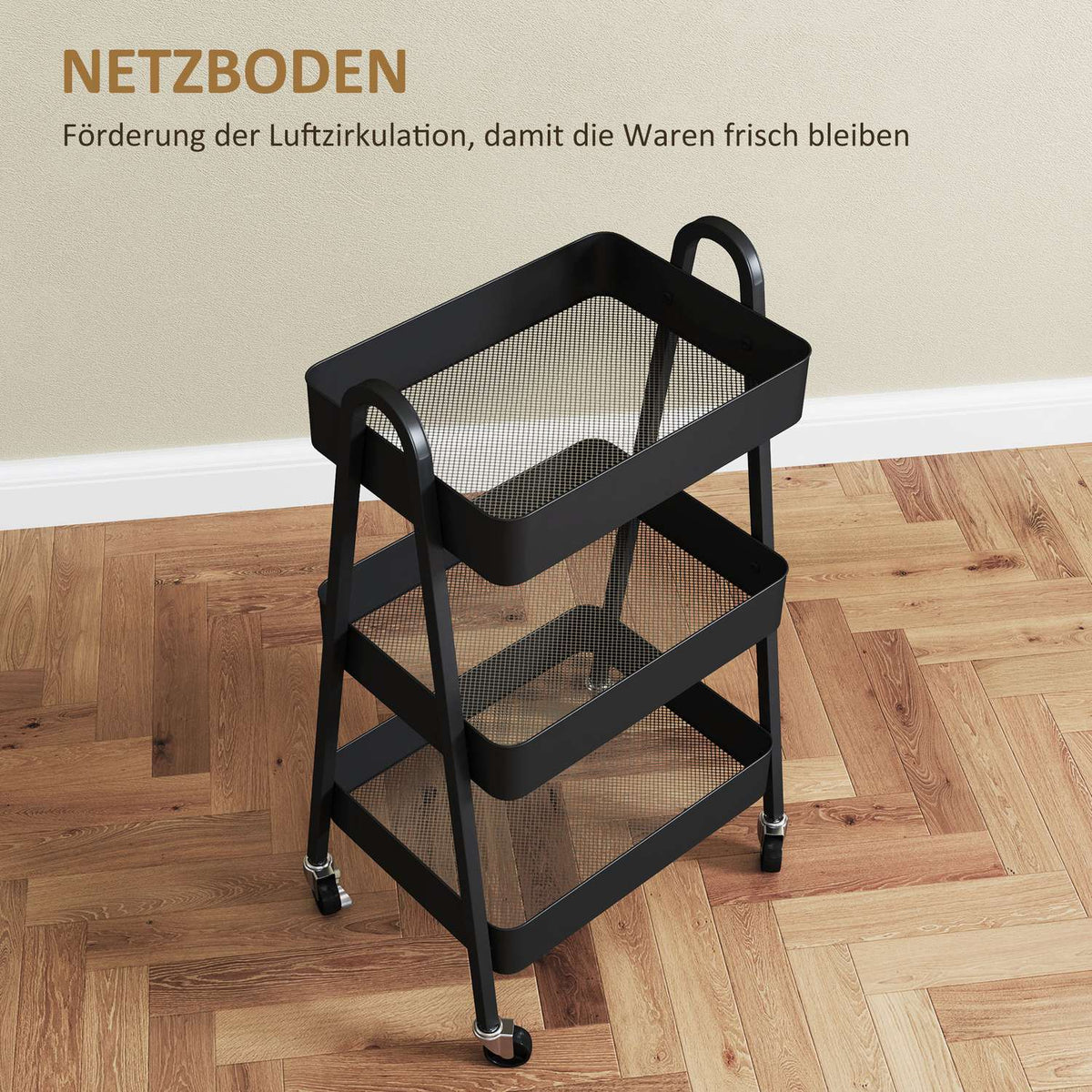 Serving trolley with 3 levels, kitchen trolley with wheels, handle, trolley with brake, kitchen shelf, kitchen trolley, all-purpose trolley for kitchen, office, bathroom, black
