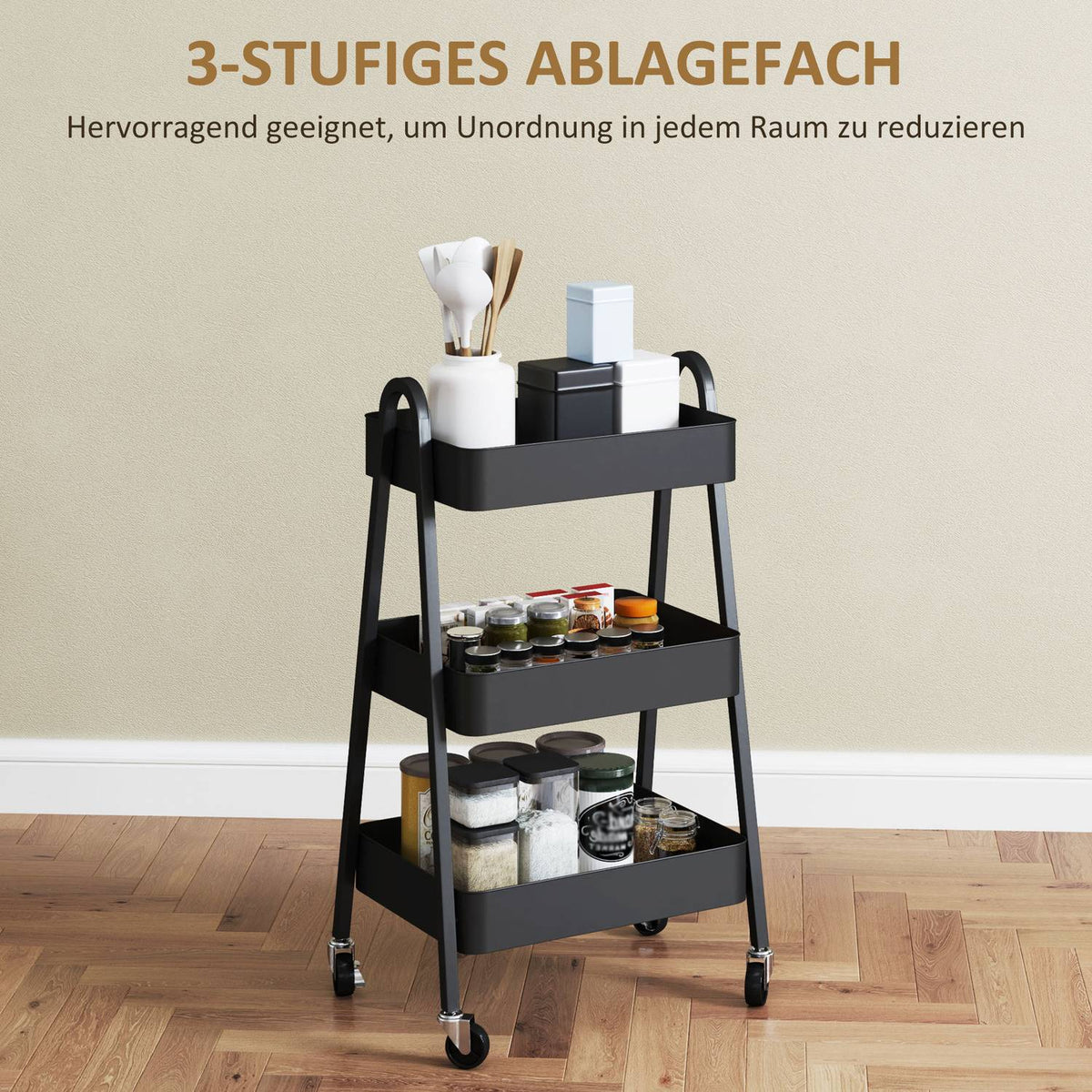 Serving trolley with 3 levels, kitchen trolley with wheels, handle, trolley with brake, kitchen shelf, kitchen trolley, all-purpose trolley for kitchen, office, bathroom, black