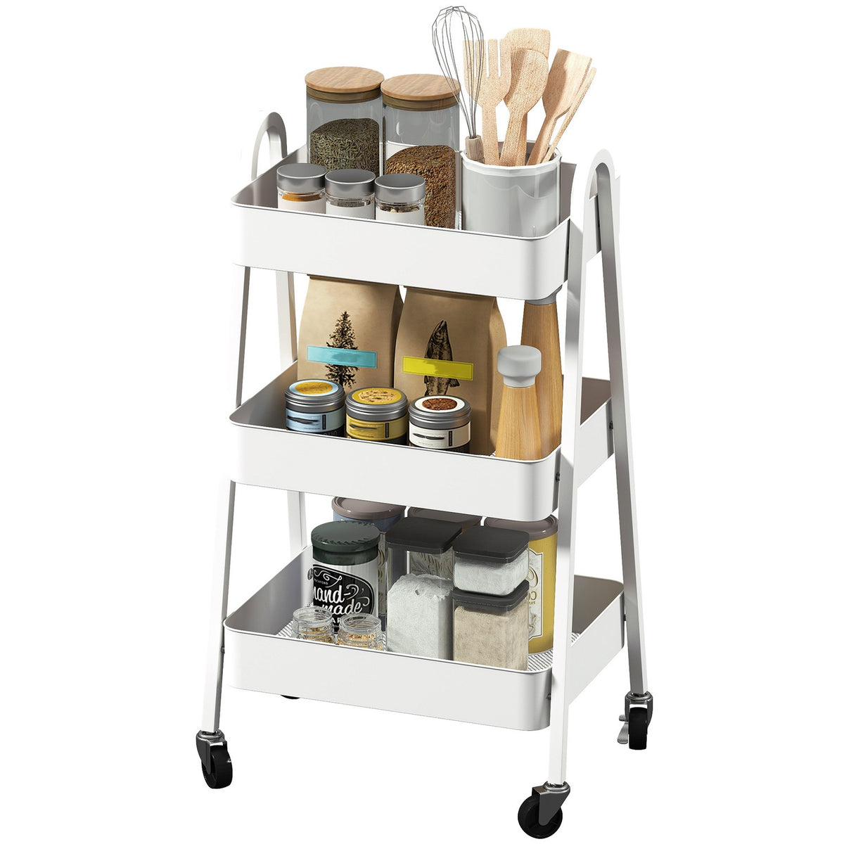 Serving trolley with 3 levels, kitchen trolley with wheels, handle, trolley with brake, kitchen shelf, kitchen trolley, all-purpose trolley for kitchen, office, bathroom, white