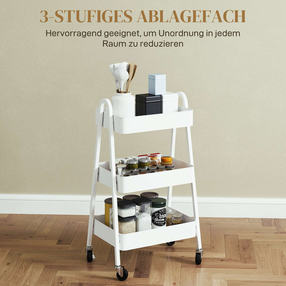 Serving trolley with 3 levels, kitchen trolley with wheels, handle, trolley with brake, kitchen shelf, kitchen trolley, all-purpose trolley for kitchen, office, bathroom, white