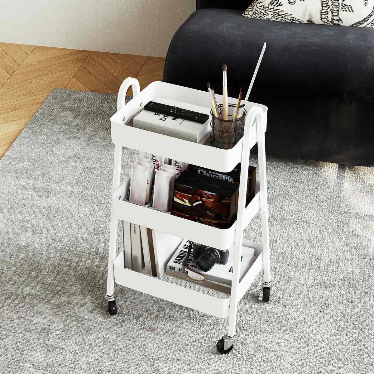Serving trolley with 3 levels, kitchen trolley with wheels, handle, trolley with brake, kitchen shelf, kitchen trolley, all-purpose trolley for kitchen, office, bathroom, white