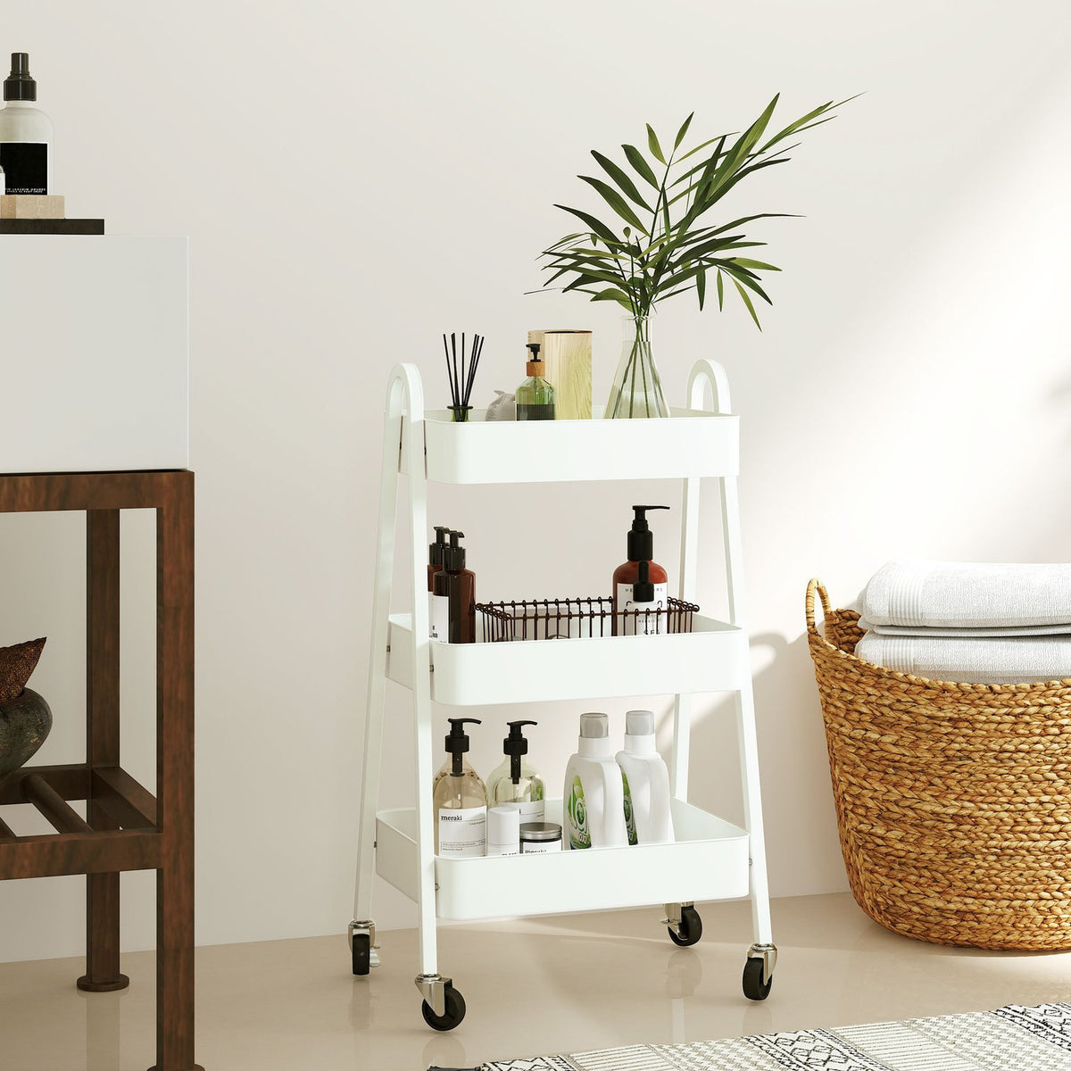 Serving trolley with 3 levels, kitchen trolley with wheels, handle, trolley with brake, kitchen shelf, kitchen trolley, all-purpose trolley for kitchen, office, bathroom, white