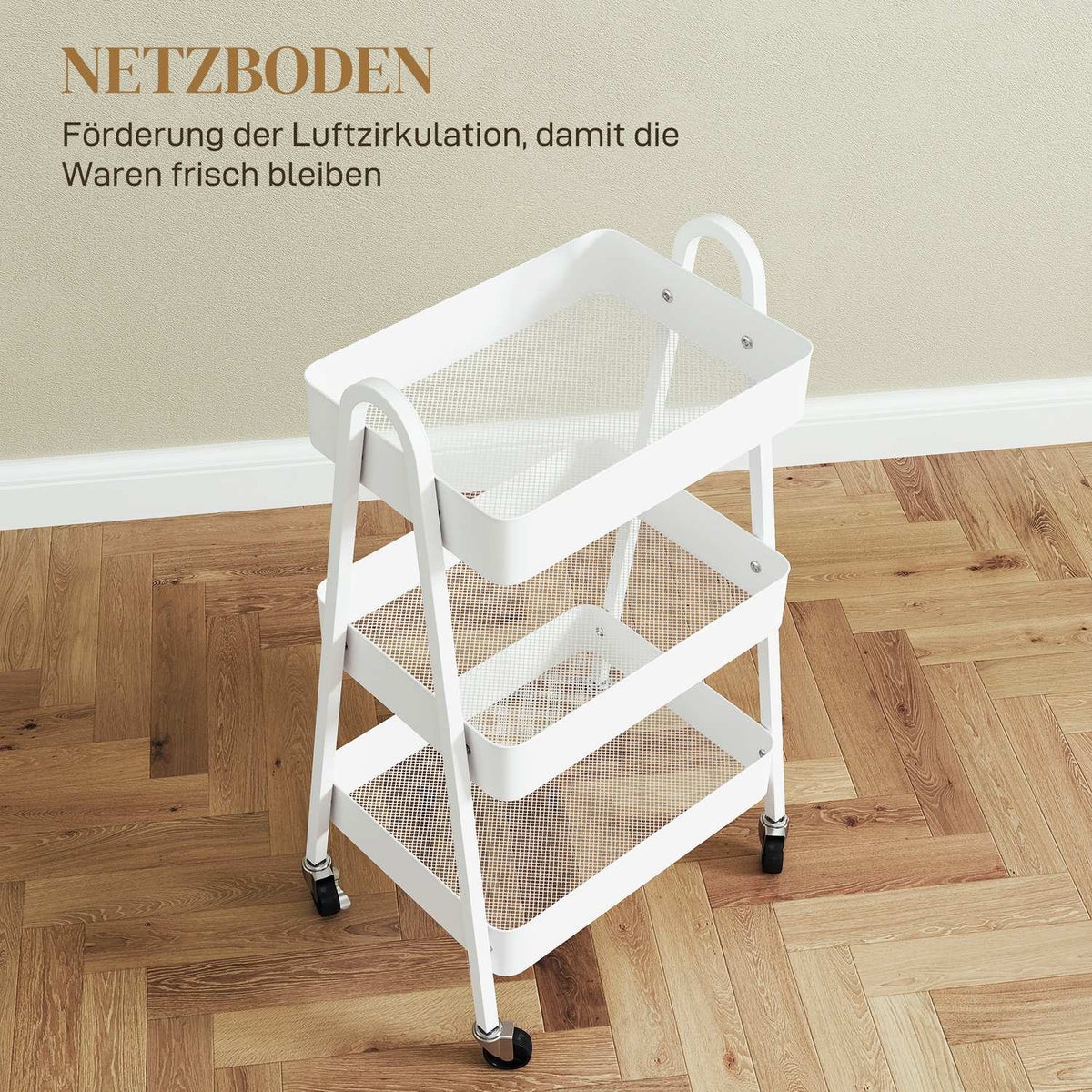 Serving trolley with 3 levels, kitchen trolley with wheels, handle, trolley with brake, kitchen shelf, kitchen trolley, all-purpose trolley for kitchen, office, bathroom, white