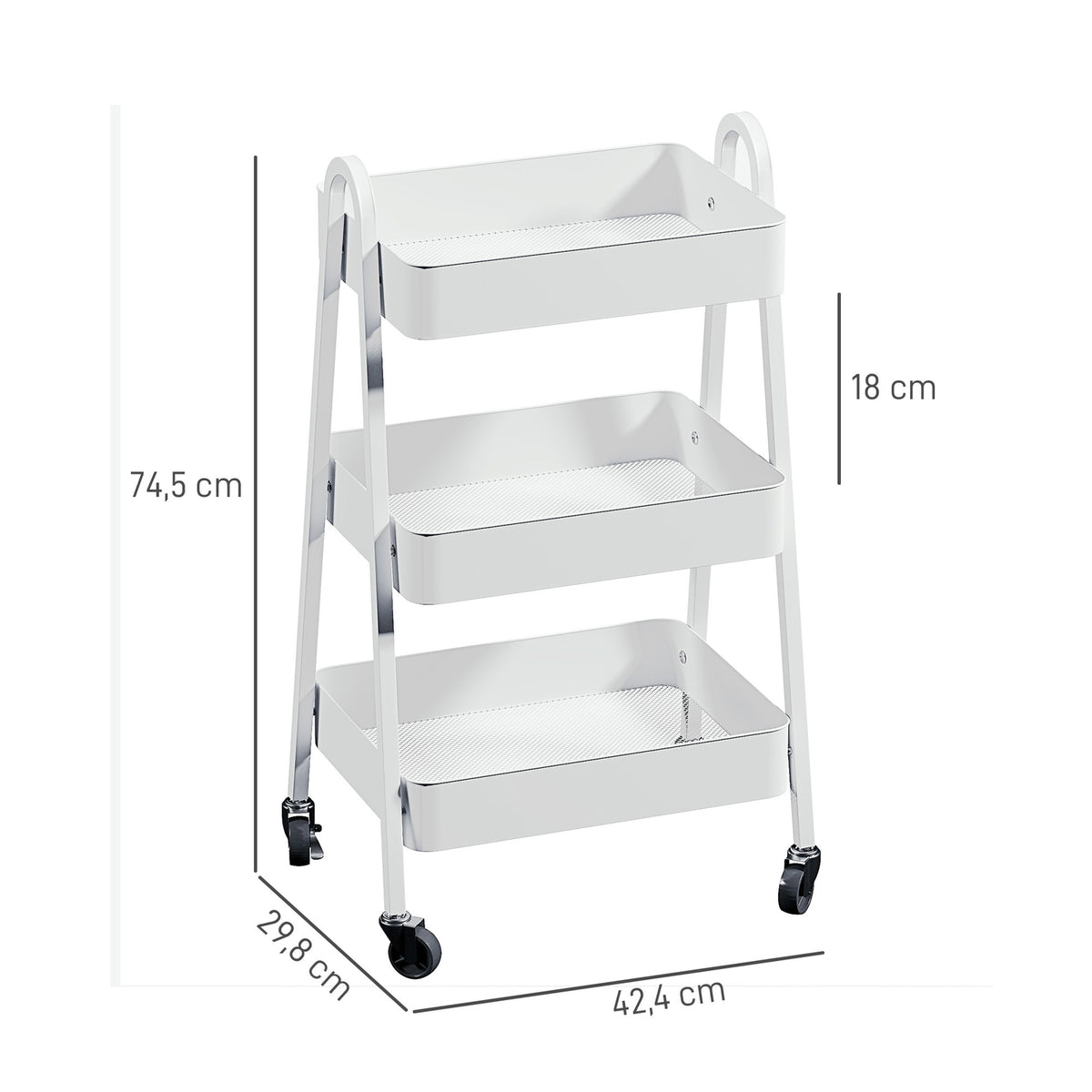 Serving trolley with 3 levels, kitchen trolley with wheels, handle, trolley with brake, kitchen shelf, kitchen trolley, all-purpose trolley for kitchen, office, bathroom, white