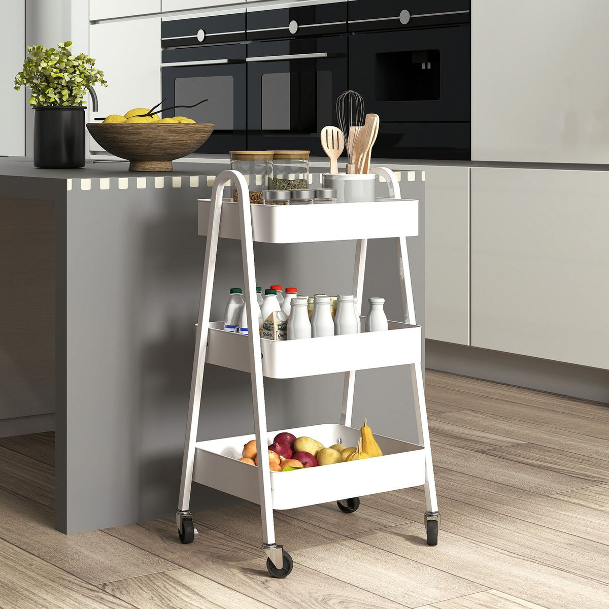 Serving trolley with 3 levels, kitchen trolley with wheels, handle, trolley with brake, kitchen shelf, kitchen trolley, all-purpose trolley for kitchen, office, bathroom, white