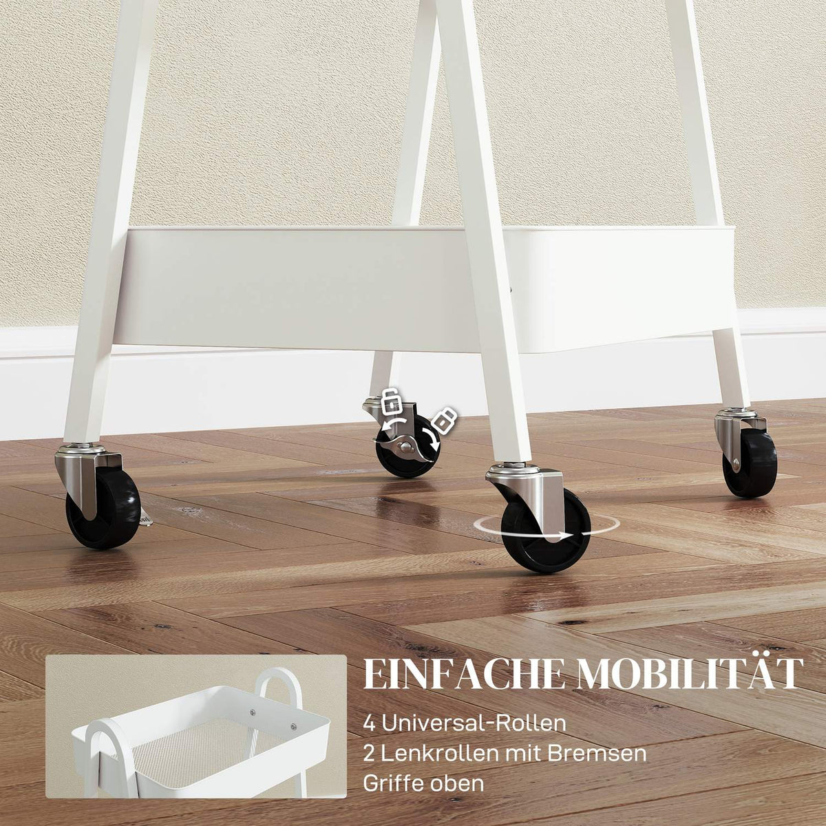 Serving trolley with 3 levels, kitchen trolley with wheels, handle, trolley with brake, kitchen shelf, kitchen trolley, all-purpose trolley for kitchen, office, bathroom, white