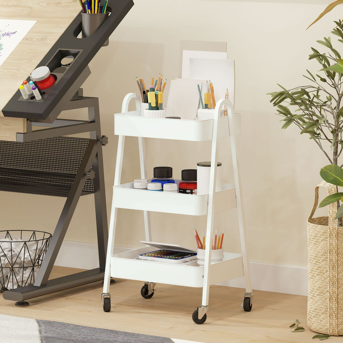 Serving trolley with 3 levels, kitchen trolley with wheels, handle, trolley with brake, kitchen shelf, kitchen trolley, all-purpose trolley for kitchen, office, bathroom, white