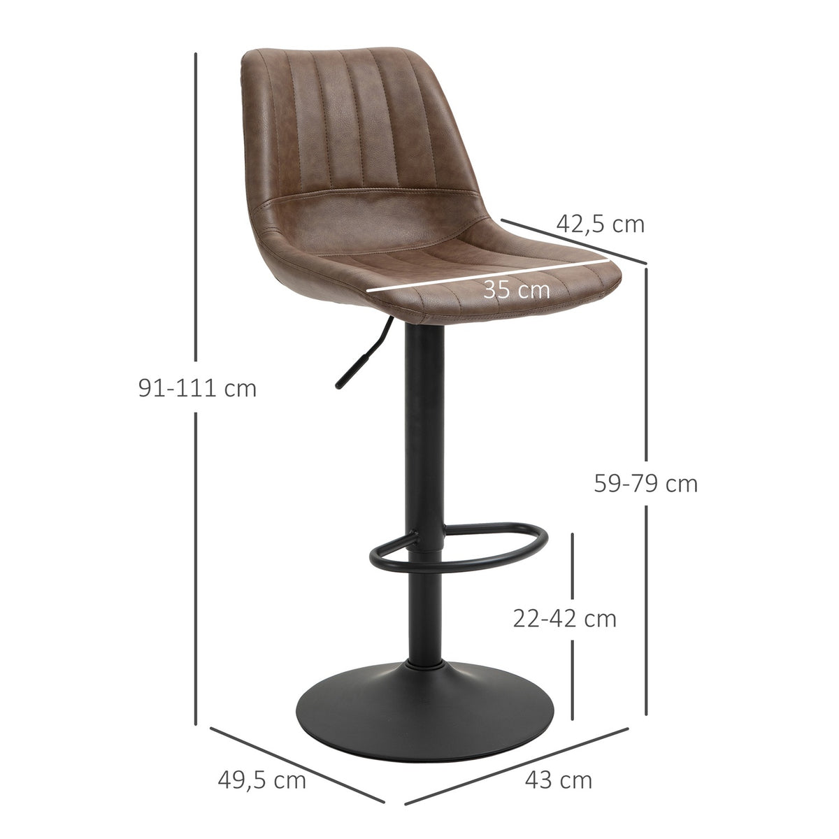 Set Of 2 Bar Stools, Counter Stools, Height-Adjustable Kitchen Stools, Bar Chairs, Bistro Stools With Foot Ring, Faux Leather, Steel, Brown