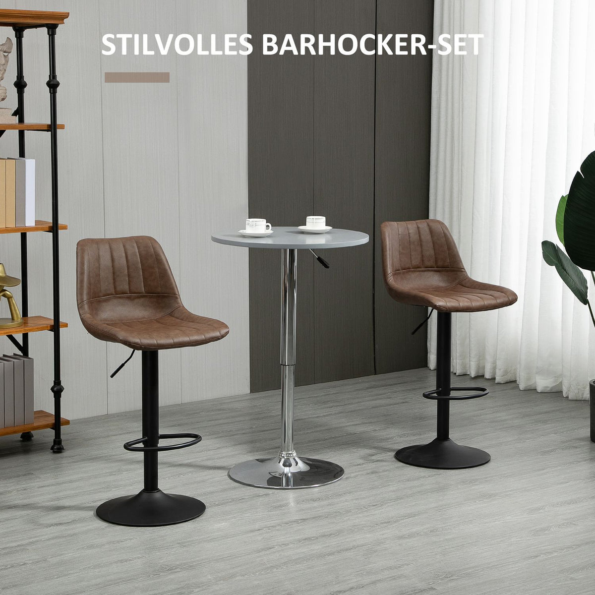 Set Of 2 Bar Stools, Counter Stools, Height-Adjustable Kitchen Stools, Bar Chairs, Bistro Stools With Foot Ring, Faux Leather, Steel, Brown