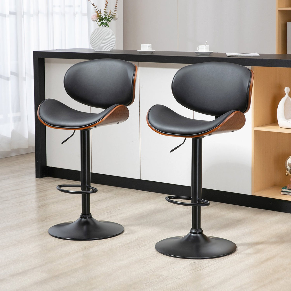 Set Of 2 Bar Stools, Height-Adjustable Kitchen Stools, Counter Chair Made Of Faux Leather, Swivel Chair With Footrests, Bar Chair, 53 X 52 X 92-112 Cm