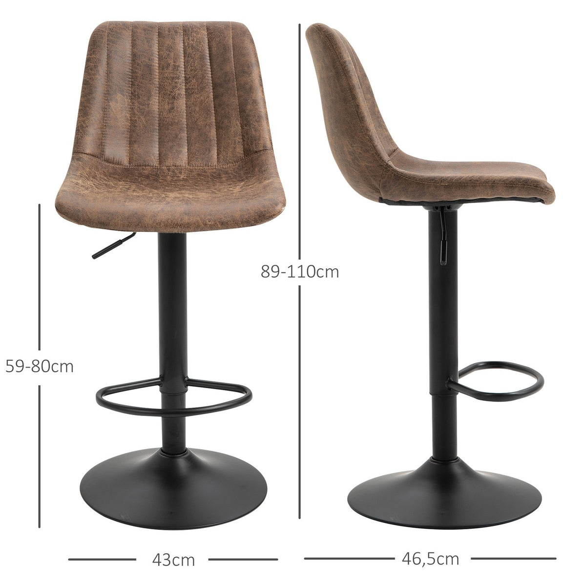 Set Of 2 Bar Stools, Kitchen Stools, Counter Chairs, Height-Adjustable With Footrests, Swivel Chair, Brown, Polyester, 43 X 46.5 X 89-110 Cm