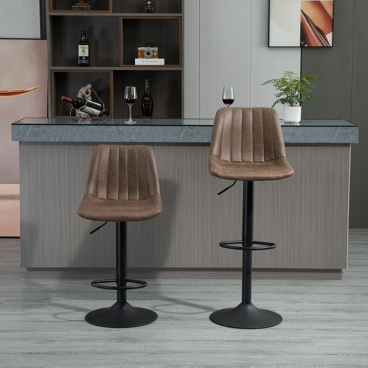 Set Of 2 Bar Stools, Kitchen Stools, Counter Chairs, Height-Adjustable With Footrests, Swivel Chair, Brown, Polyester, 43 X 46.5 X 89-110 Cm