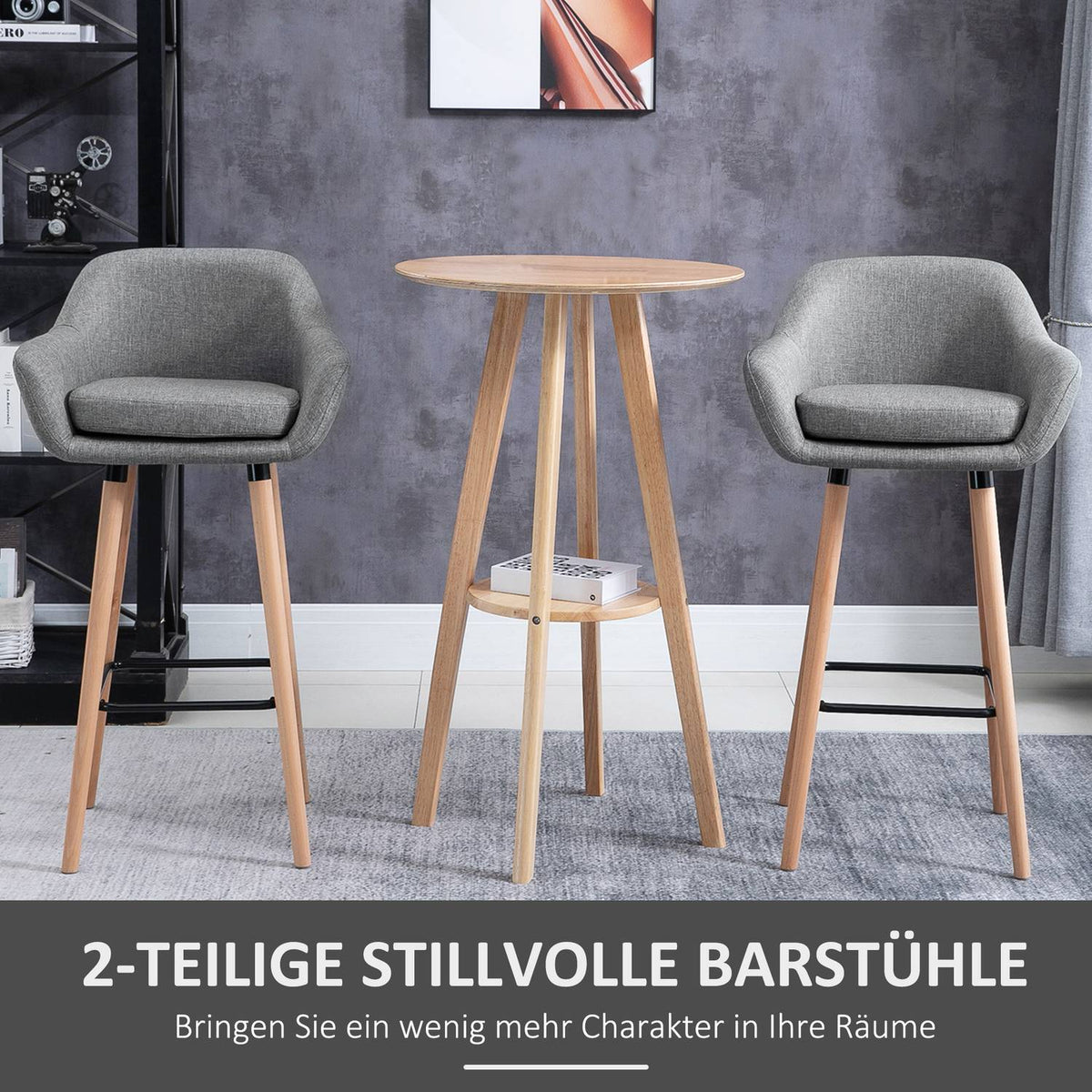 Set Of 2 Bar Stools, Linen Bar Chair With Seat Cushion, Kitchen Stool, Bistro Stool With Footrests, Counter Stool, Gray, 55 X 48 X 100 Cm