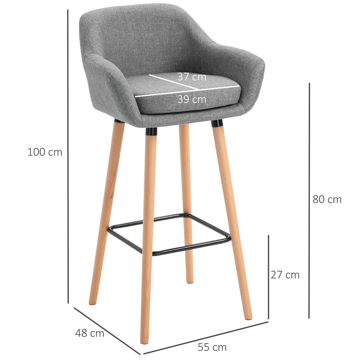Set Of 2 Bar Stools, Linen Bar Chair With Seat Cushion, Kitchen Stool, Bistro Stool With Footrests, Counter Stool, Gray, 55 X 48 X 100 Cm