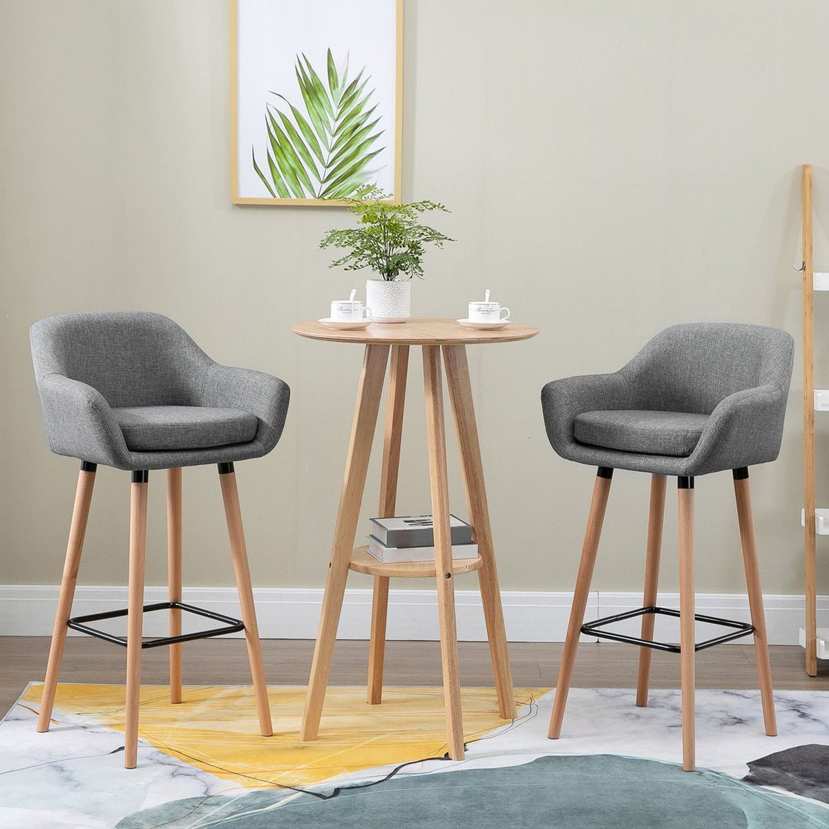 Set Of 2 Bar Stools, Linen Bar Chair With Seat Cushion, Kitchen Stool, Bistro Stool With Footrests, Counter Stool, Gray, 55 X 48 X 100 Cm
