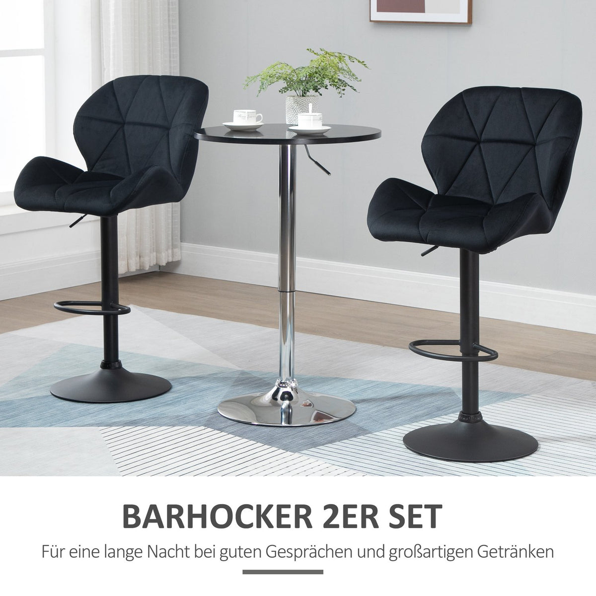 Set Of 2 Bar Stools Swivel Bar Chairs With Backrest Velvet Touch Height Adjustable Armless Foam Black 51.5X 57.5 X 93-114.5 Cm