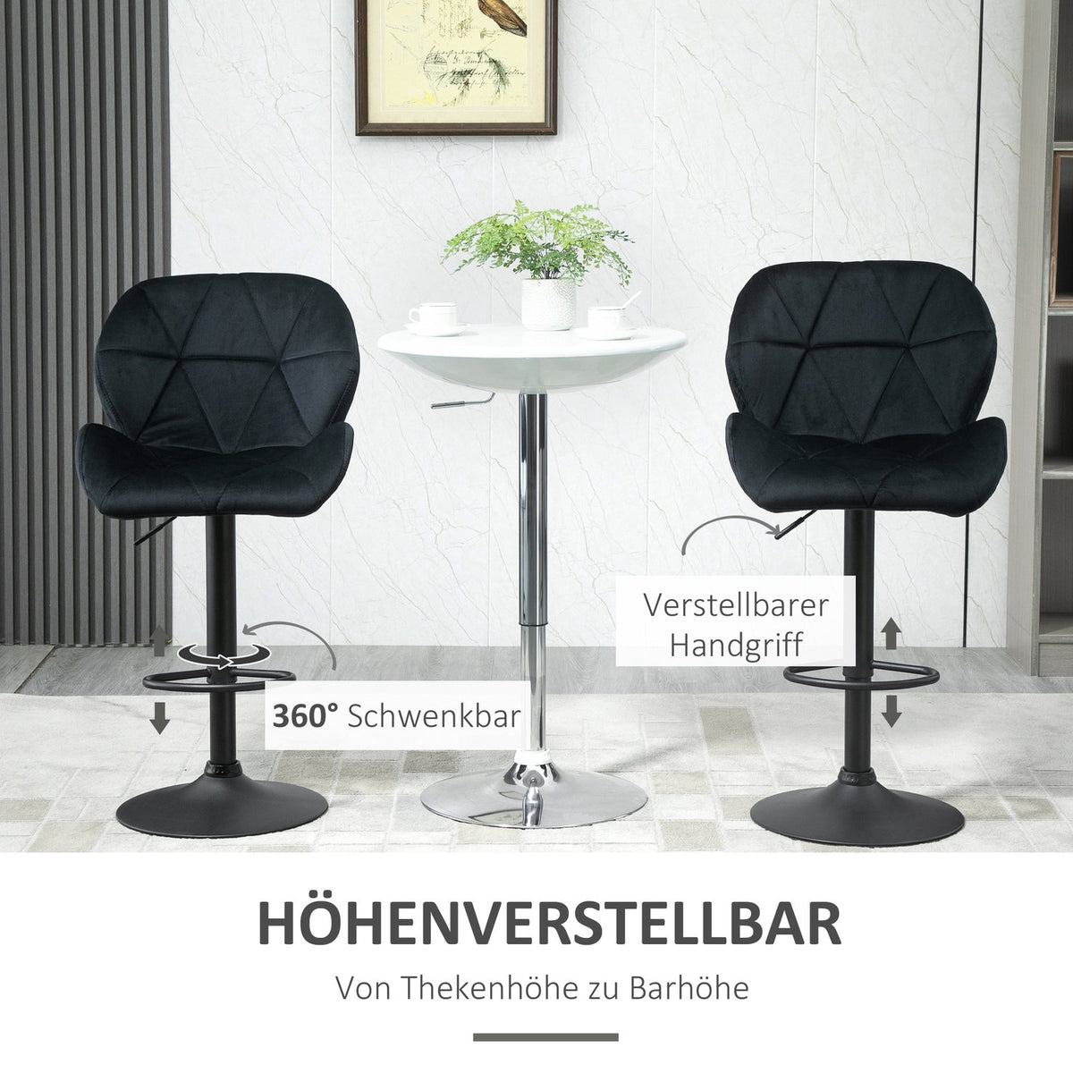 Set Of 2 Bar Stools Swivel Bar Chairs With Backrest Velvet Touch Height Adjustable Armless Foam Black 51.5X 57.5 X 93-114.5 Cm