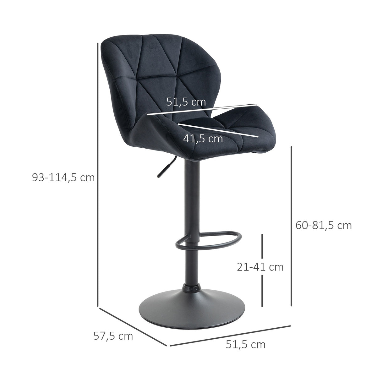 Set Of 2 Bar Stools Swivel Bar Chairs With Backrest Velvet Touch Height Adjustable Armless Foam Black 51.5X 57.5 X 93-114.5 Cm
