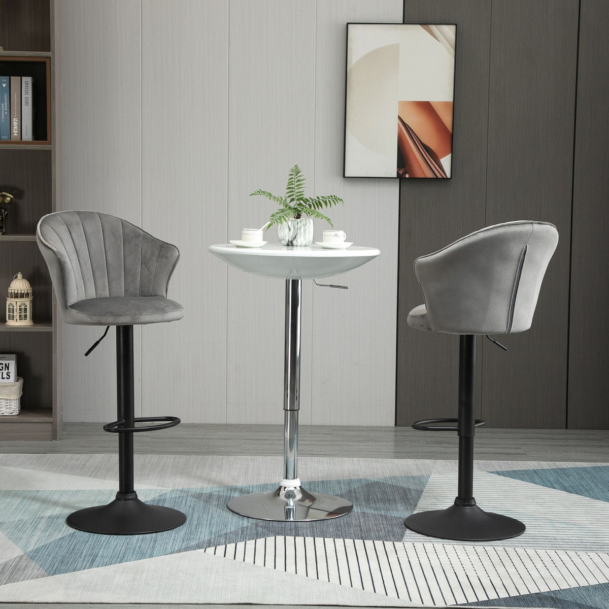 Set Of 2 Bar Stools Swivel Bar Chairs With Backrest Velvet Touch Height Adjustable Armless Foam Gray 51.5X 57.5 X 93-114.5 Cm