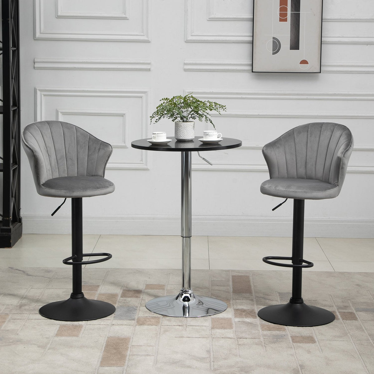 Set Of 2 Bar Stools Swivel Bar Chairs With Backrest Velvet Touch Height Adjustable Armless Foam Gray 51.5X 57.5 X 93-114.5 Cm